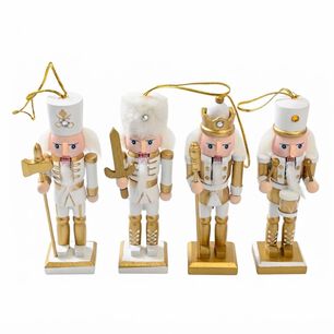 Cascanueces De Madera Dorado Y Blanco Colgante Para &Aacute;rbol Navidad 13cm Set 4