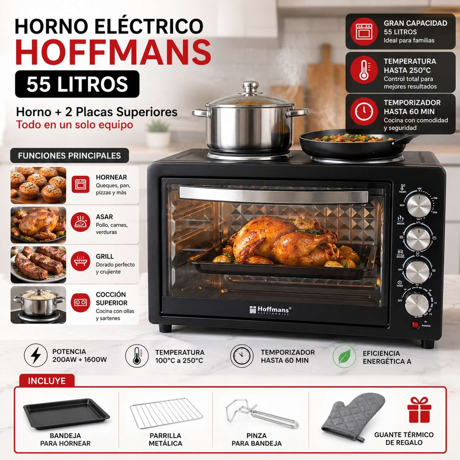 Horno El&eacute;ctrico 55 Litros Con 2 Placas 2000w + 1600w Grill image number 4.0