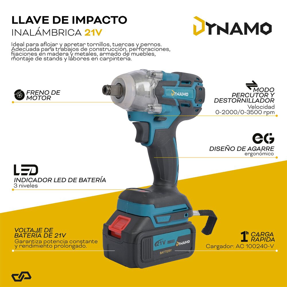 Llave De Impacto Inal&aacute;mbrica Dynamo 21v + 2 Baterias Y Acss image number 1.0