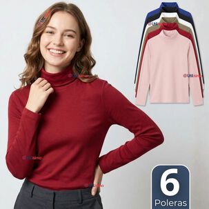 Pack 6 Camisetas Poleras Bamb&uacute; Primera Capa Cuello Beatle Manga Larga Colores Surtidos Mujer