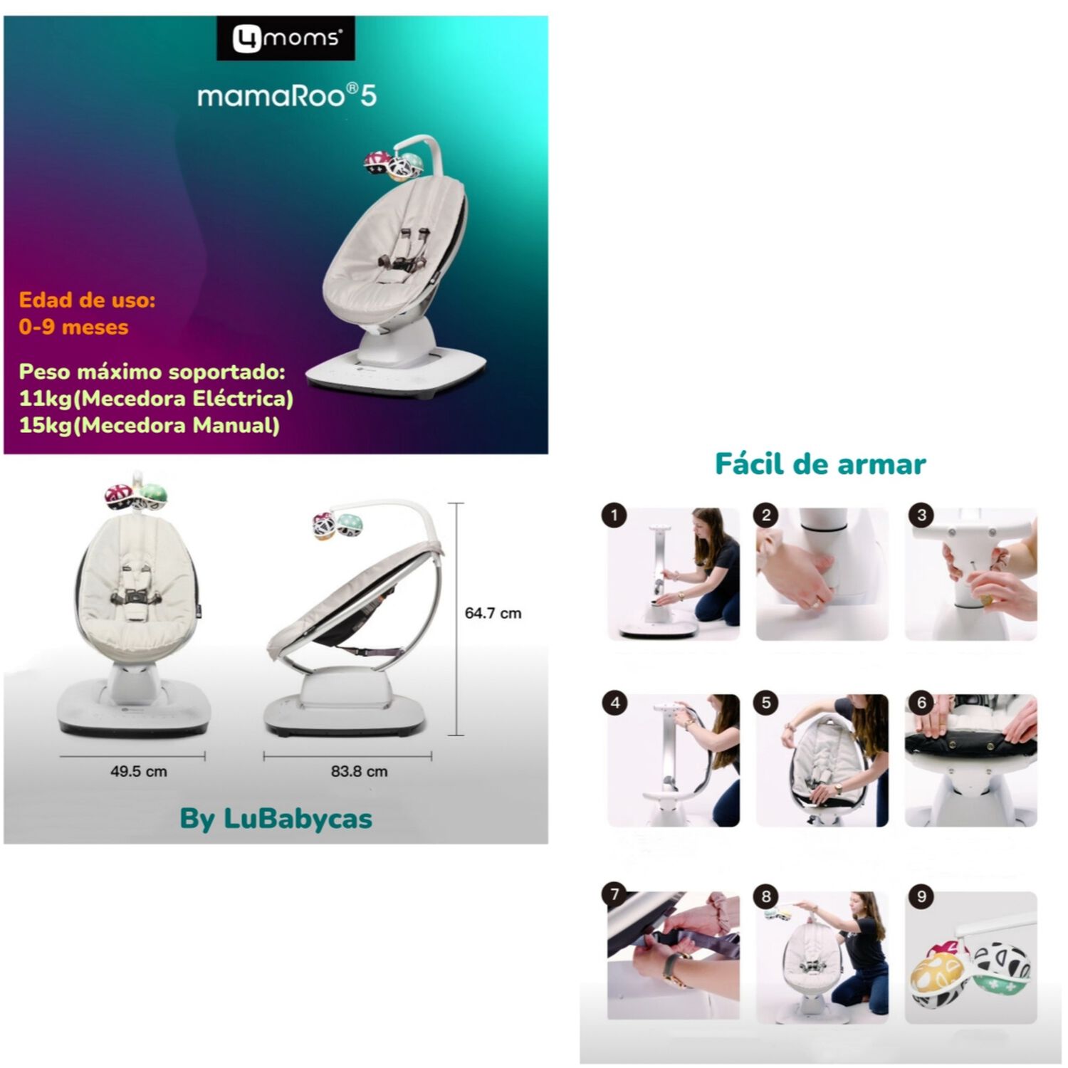 Mecedora El&eacute;ctrica Con Melod&iacute;as Bluetooth 4 Moms Lubabycas image number 7.0