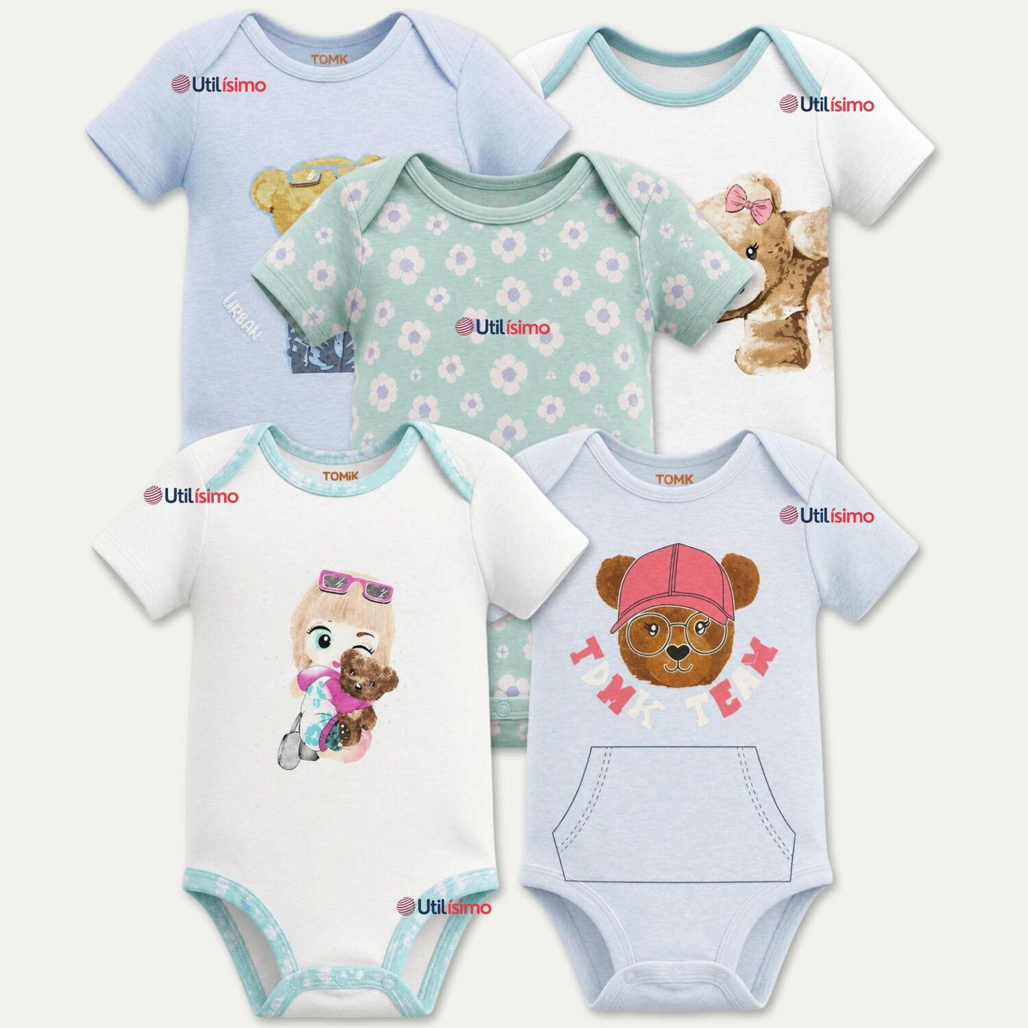 Pack 5 Bodys Manga Corta 100% Algod&oacute;n Tedmimak Ni&ntilde;a Cuddly Bears image number 0.0