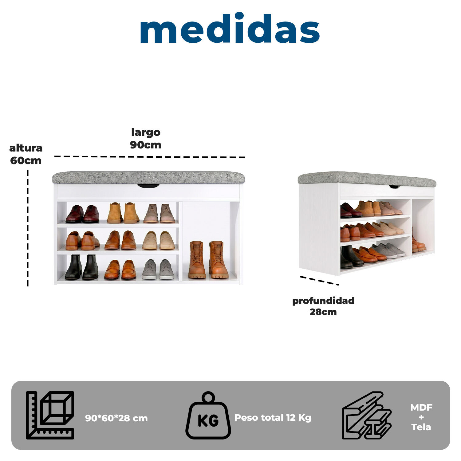 Zapatero Mueble Organizador Con Asiento Banca Y Caj&oacute;n 90cm image number 5.0
