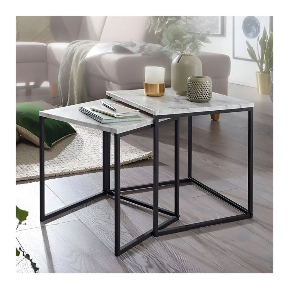 Set 2 Mesas Living Base Metal Tapa Marmol Blanca image number 1.0