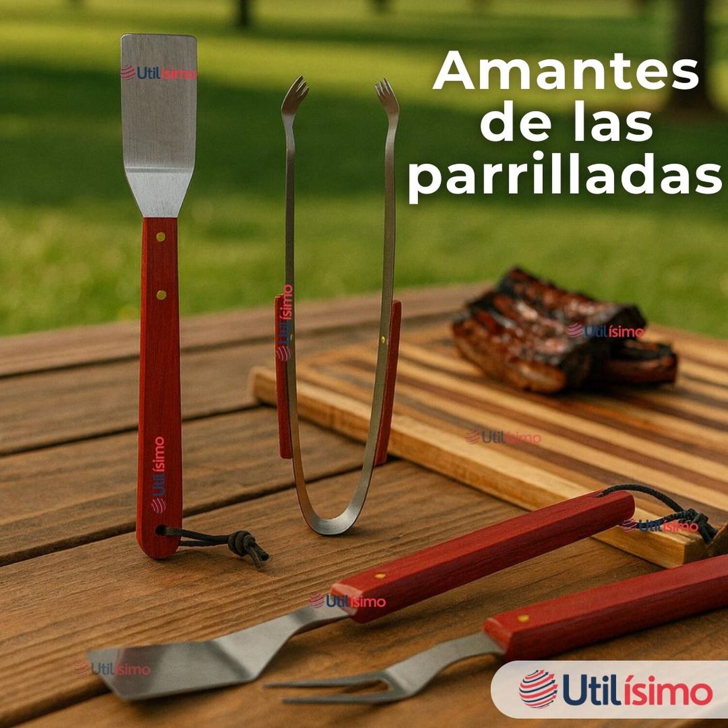 Kit Parrillero 3 Piezas Pinza Esp&aacute;tula Tenedor Para Asados Mango Madera Acero Inoxidable image number 7.0