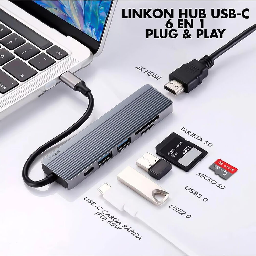 Linkon Hub Usb-c 6 En 1 Hdmi 4k Microsd Tf Gris image number 2.0