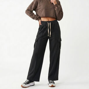 Pantalon Buzo Cargo Mujer Wide Leg Tiro Alto Con Cord&oacute;n