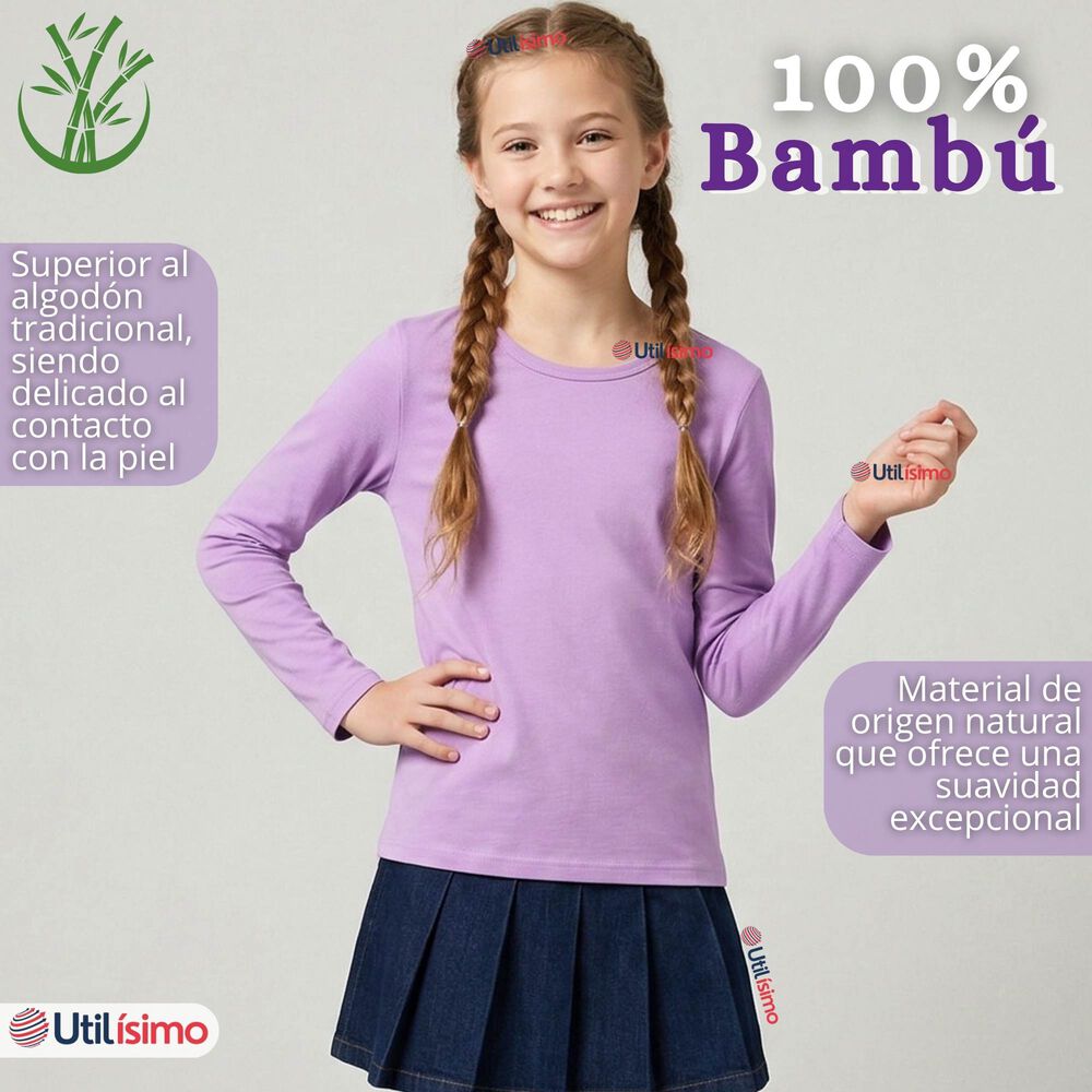Camiseta Polera Bamb&uacute; Cuello Redondo Lila Primera Capa Manga Larga Ni&ntilde;a image number 3.0
