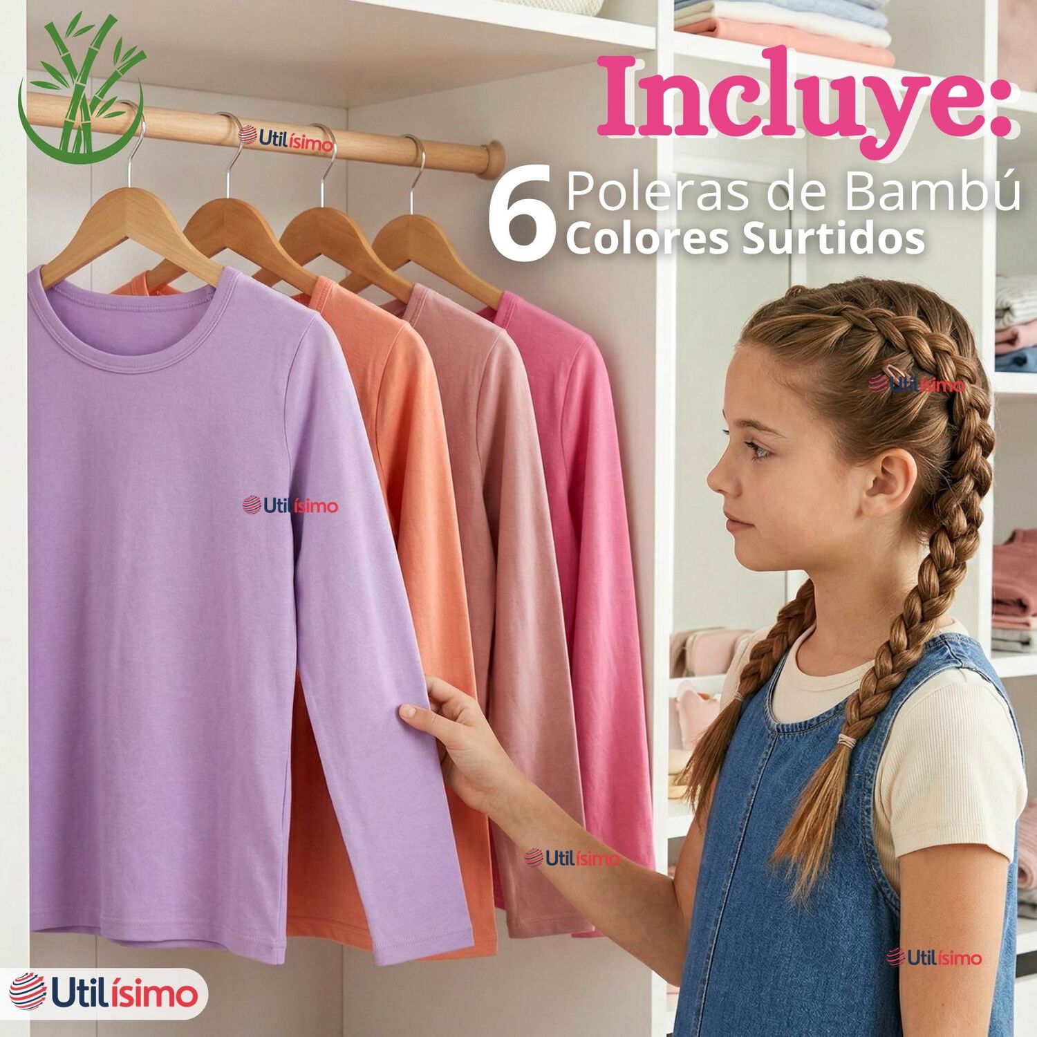 Pack 6 Camisetas Poleras Bamb&uacute; Cuello Redondo Primera Capa Manga Larga Colores Surtido Ni&ntilde;a image number 1.0
