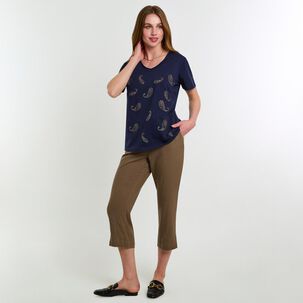 Polera Lisa Con Estampado Manga Corta Cuello V Mujer Lesage