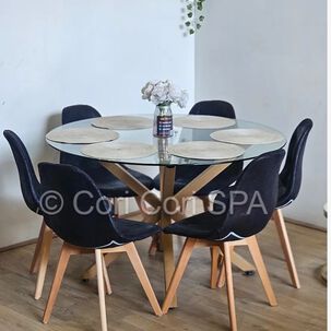 Comedor Warwick 120cm + 6 Sillas Capitonne Ecocuero Vintage Negro