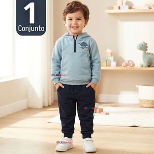Conjunto 2 Piezas Buzo Pantal&oacute;n Y Poler&oacute;n Con Capucha Azul Dinosaurio Ni&ntilde;o