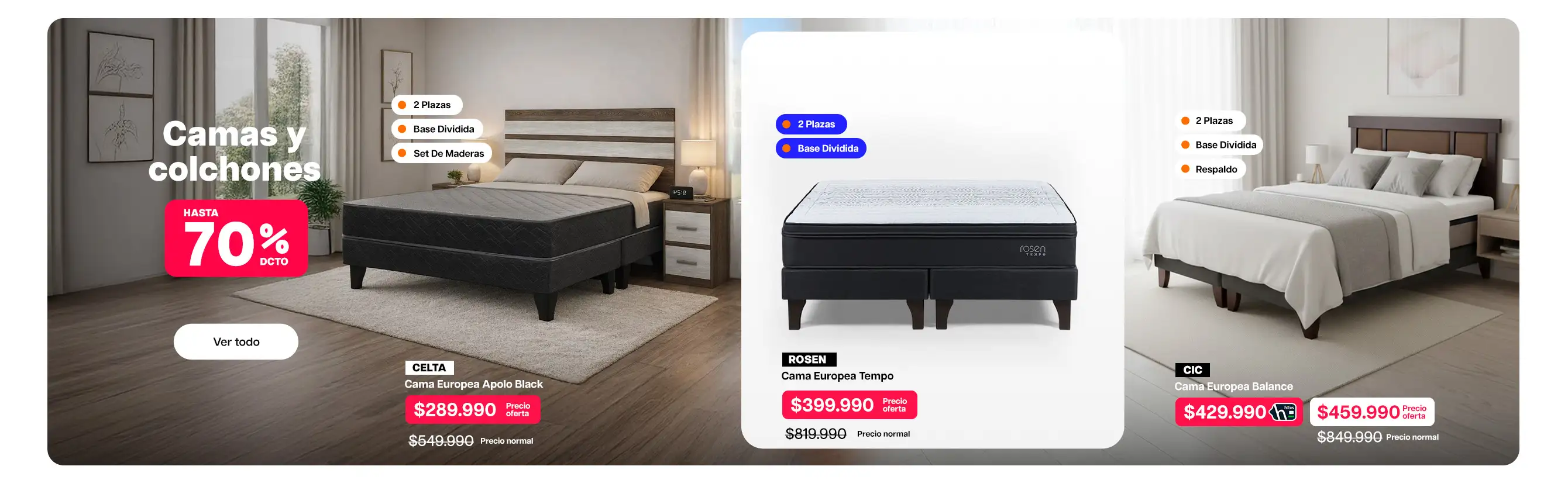 Camas y colchones Hasta 70% dcto