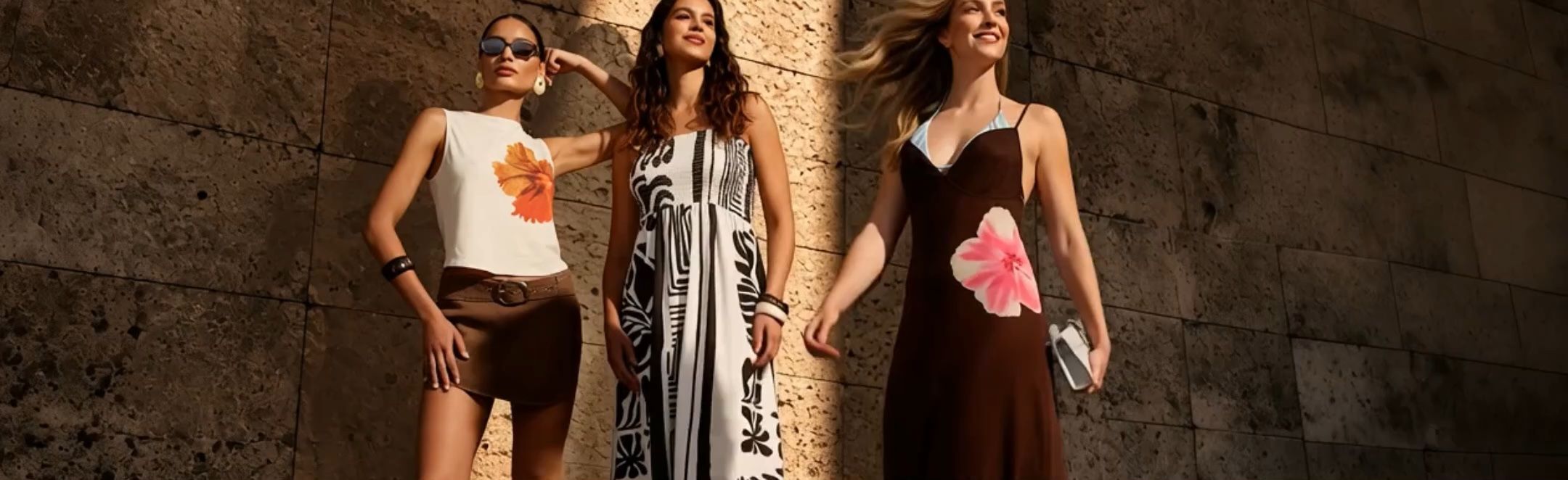 Tres modelos con vestidos y poleras de verano frente a un muro de piedra al sol – Busca tu verano Hites