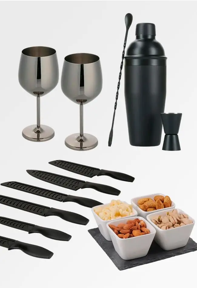  Set de coctelería + set de copas + set de cocktail + 1 set de 6 cuchillos