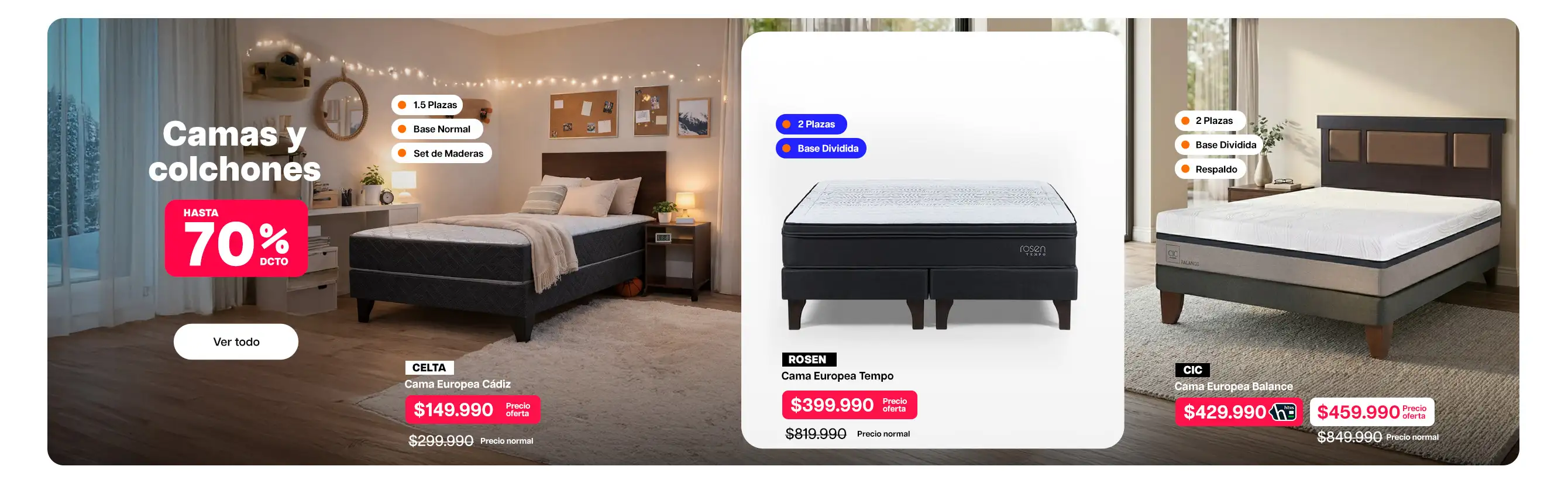 Camas y colchones Hasta 70% dcto