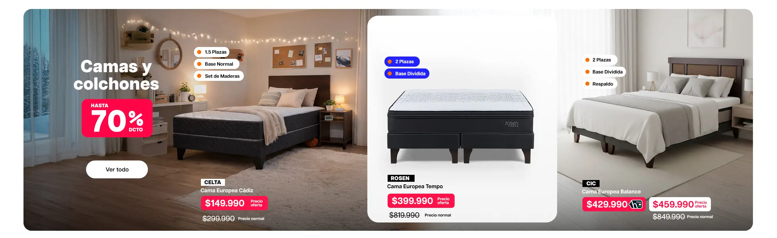 Camas y colchones Hasta 70% dcto
