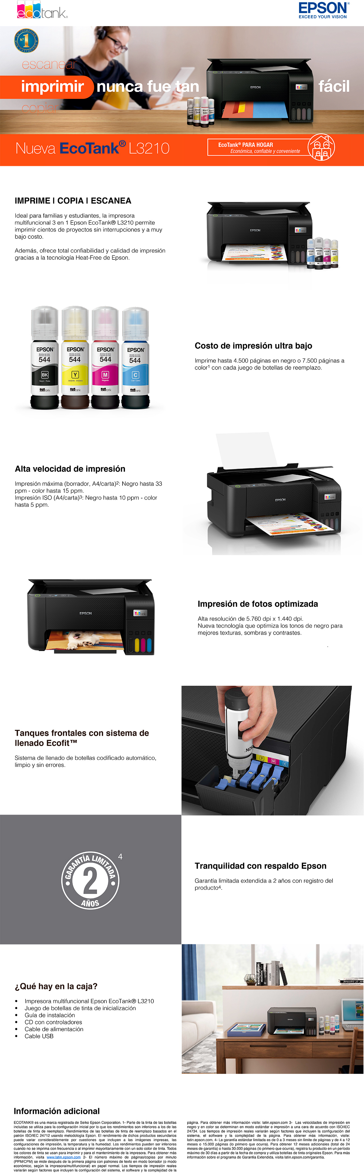 Impresora Multifuncional Epson Ecotank L3210 en Oferta | Hites.com